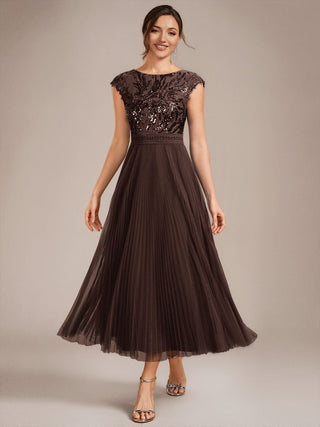 Short Sleeve Cap Sequin Round Neck A-Line Tea Length Wedding Guest Dresses