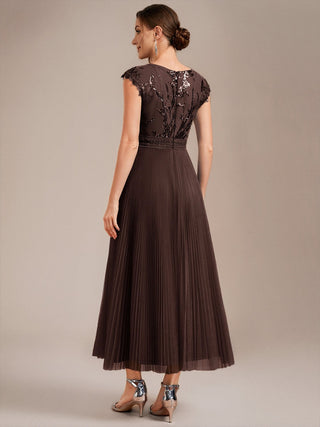Short Sleeve Cap Sequin Round Neck A-Line Tea Length Wedding Guest Dresses