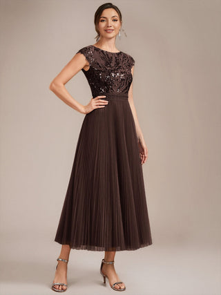 Short Sleeve Cap Sequin Round Neck A-Line Tea Length Wedding Guest Dresses