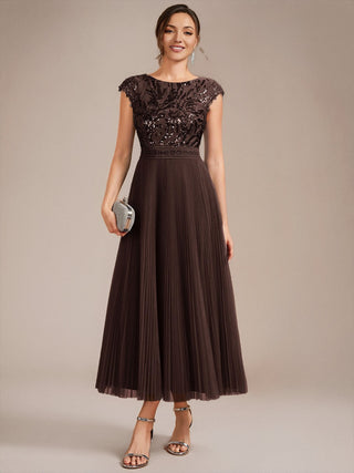 Short Sleeve Cap Sequin Round Neck A-Line Tea Length Wedding Guest Dresses