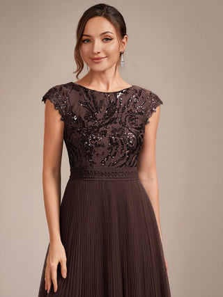 Short Sleeve Cap Sequin Round Neck A-Line Tea Length Wedding Guest Dresses