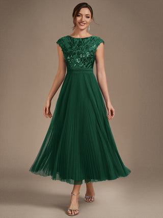 Short Sleeve Cap Sequin Round Neck A-Line Tea Length Wedding Guest Dresses