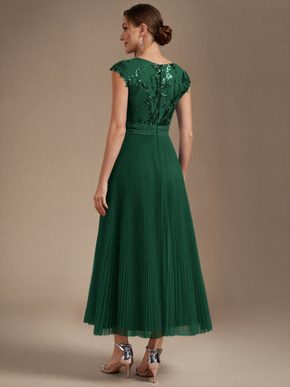 Short Sleeve Cap Sequin Round Neck A-Line Tea Length Wedding Guest Dresses