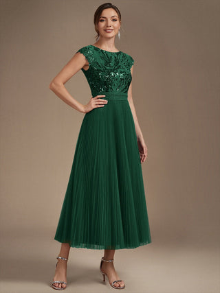 Short Sleeve Cap Sequin Round Neck A-Line Tea Length Wedding Guest Dresses