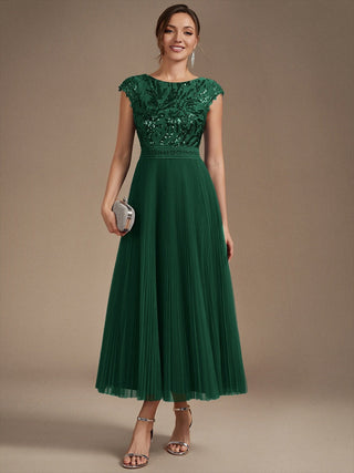 Short Sleeve Cap Sequin Round Neck A-Line Tea Length Wedding Guest Dresses