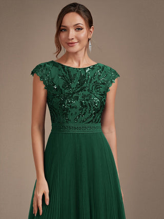 Short Sleeve Cap Sequin Round Neck A-Line Tea Length Wedding Guest Dresses