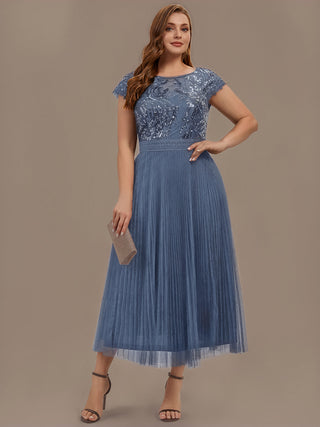 Short Sleeve Cap Sequin Round Neck A-Line Tea Length Wedding Guest Dresses