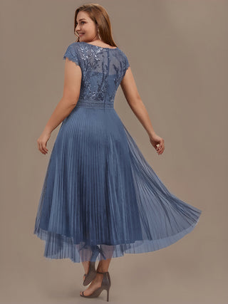 Short Sleeve Cap Sequin Round Neck A-Line Tea Length Wedding Guest Dresses