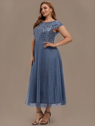 Short Sleeve Cap Sequin Round Neck A-Line Tea Length Wedding Guest Dresses