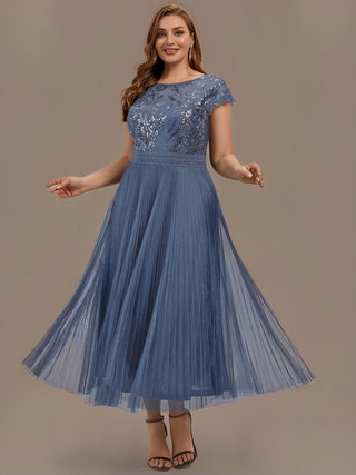 Short Sleeve Cap Sequin Round Neck A-Line Tea Length Wedding Guest Dresses