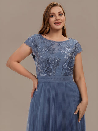 Short Sleeve Cap Sequin Round Neck A-Line Tea Length Wedding Guest Dresses