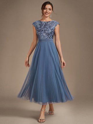 Short Sleeve Cap Sequin Round Neck A-Line Tea Length Wedding Guest Dresses