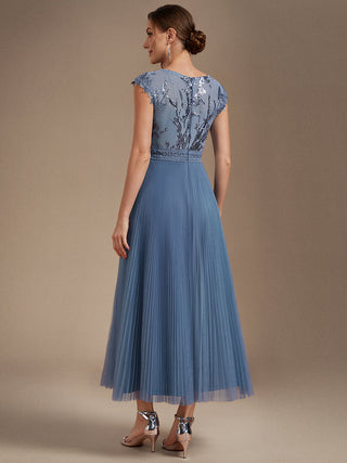 Short Sleeve Cap Sequin Round Neck A-Line Tea Length Wedding Guest Dresses