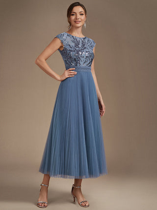 Short Sleeve Cap Sequin Round Neck A-Line Tea Length Wedding Guest Dresses