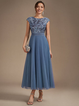 Short Sleeve Cap Sequin Round Neck A-Line Tea Length Wedding Guest Dresses