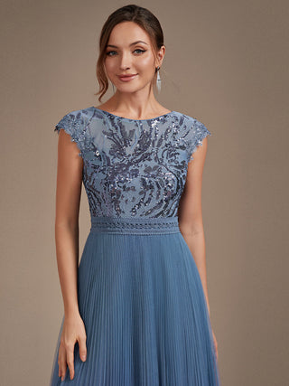Short Sleeve Cap Sequin Round Neck A-Line Tea Length Wedding Guest Dresses