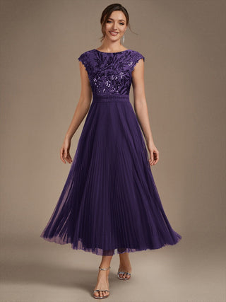 Short Sleeve Cap Sequin Round Neck A-Line Tea Length Wedding Guest Dresses
