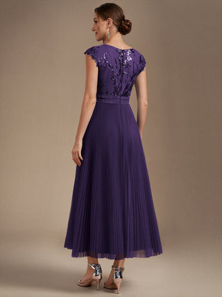 Short Sleeve Cap Sequin Round Neck A-Line Tea Length Wedding Guest Dresses