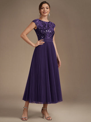 Short Sleeve Cap Sequin Round Neck A-Line Tea Length Wedding Guest Dresses