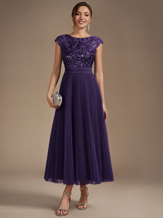 Short Sleeve Cap Sequin Round Neck A-Line Tea Length Wedding Guest Dresses
