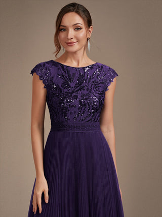 Short Sleeve Cap Sequin Round Neck A-Line Tea Length Wedding Guest Dresses