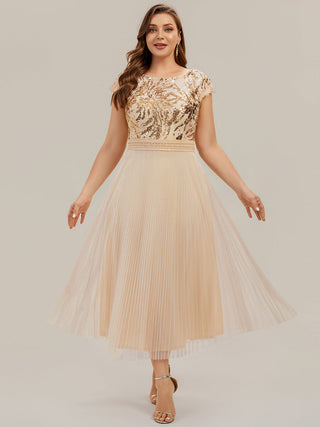 Short Sleeve Cap Sequin Round Neck A-Line Tea Length Wedding Guest Dresses