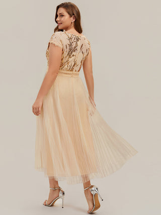 Short Sleeve Cap Sequin Round Neck A-Line Tea Length Wedding Guest Dresses