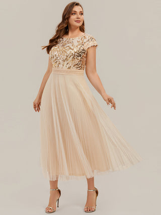 Short Sleeve Cap Sequin Round Neck A-Line Tea Length Wedding Guest Dresses