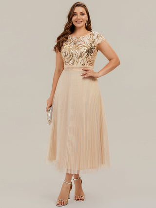 Short Sleeve Cap Sequin Round Neck A-Line Tea Length Wedding Guest Dresses