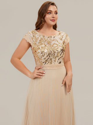 Short Sleeve Cap Sequin Round Neck A-Line Tea Length Wedding Guest Dresses