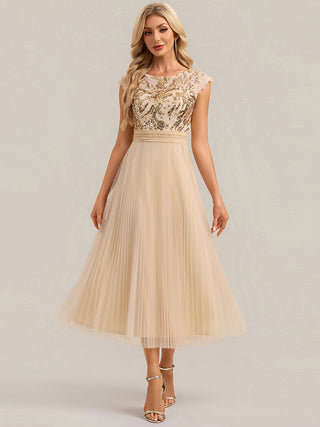 Short Sleeve Cap Sequin Round Neck A-Line Tea Length Wedding Guest Dresses