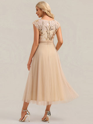 Short Sleeve Cap Sequin Round Neck A-Line Tea Length Wedding Guest Dresses