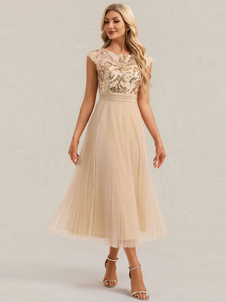Short Sleeve Cap Sequin Round Neck A-Line Tea Length Wedding Guest Dresses