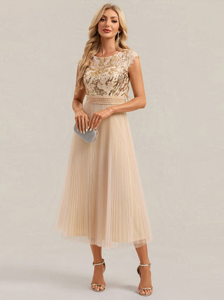 Short Sleeve Cap Sequin Round Neck A-Line Tea Length Wedding Guest Dresses