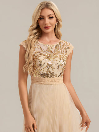 Short Sleeve Cap Sequin Round Neck A-Line Tea Length Wedding Guest Dresses