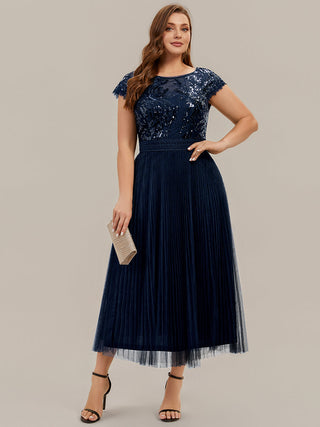 Short Sleeve Cap Sequin Round Neck A-Line Tea Length Wedding Guest Dresses