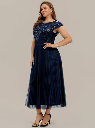 Short Sleeve Cap Sequin Round Neck A-Line Tea Length Wedding Guest Dresses