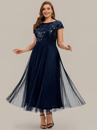 Short Sleeve Cap Sequin Round Neck A-Line Tea Length Wedding Guest Dresses