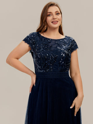 Short Sleeve Cap Sequin Round Neck A-Line Tea Length Wedding Guest Dresses