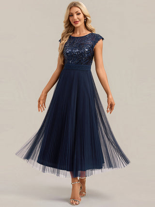 Short Sleeve Cap Sequin Round Neck A-Line Tea Length Wedding Guest Dresses
