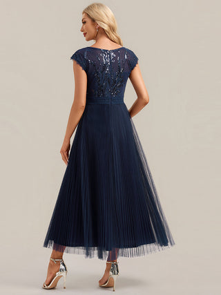 Short Sleeve Cap Sequin Round Neck A-Line Tea Length Wedding Guest Dresses
