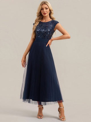 Short Sleeve Cap Sequin Round Neck A-Line Tea Length Wedding Guest Dresses