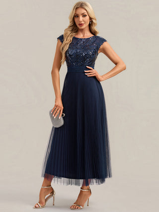 Short Sleeve Cap Sequin Round Neck A-Line Tea Length Wedding Guest Dresses