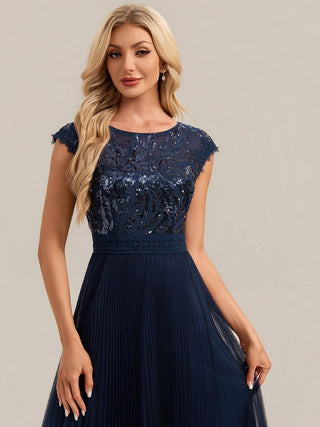 Short Sleeve Cap Sequin Round Neck A-Line Tea Length Wedding Guest Dresses