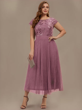 Short Sleeve Cap Sequin Round Neck A-Line Tea Length Wedding Guest Dresses