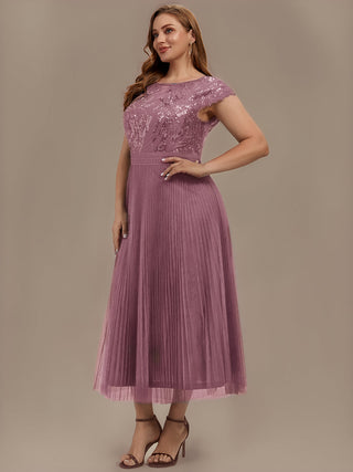 Short Sleeve Cap Sequin Round Neck A-Line Tea Length Wedding Guest Dresses