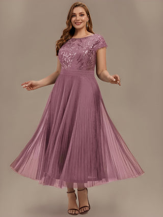 Short Sleeve Cap Sequin Round Neck A-Line Tea Length Wedding Guest Dresses