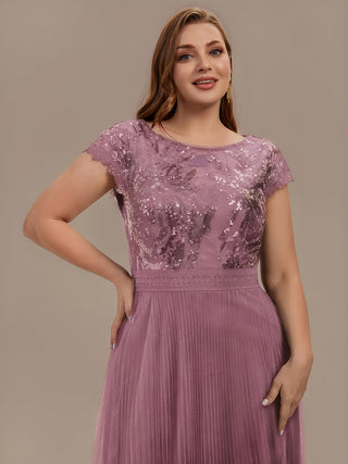 Short Sleeve Cap Sequin Round Neck A-Line Tea Length Wedding Guest Dresses