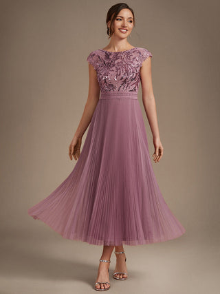 Short Sleeve Cap Sequin Round Neck A-Line Tea Length Wedding Guest Dresses