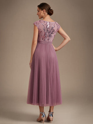 Short Sleeve Cap Sequin Round Neck A-Line Tea Length Wedding Guest Dresses
